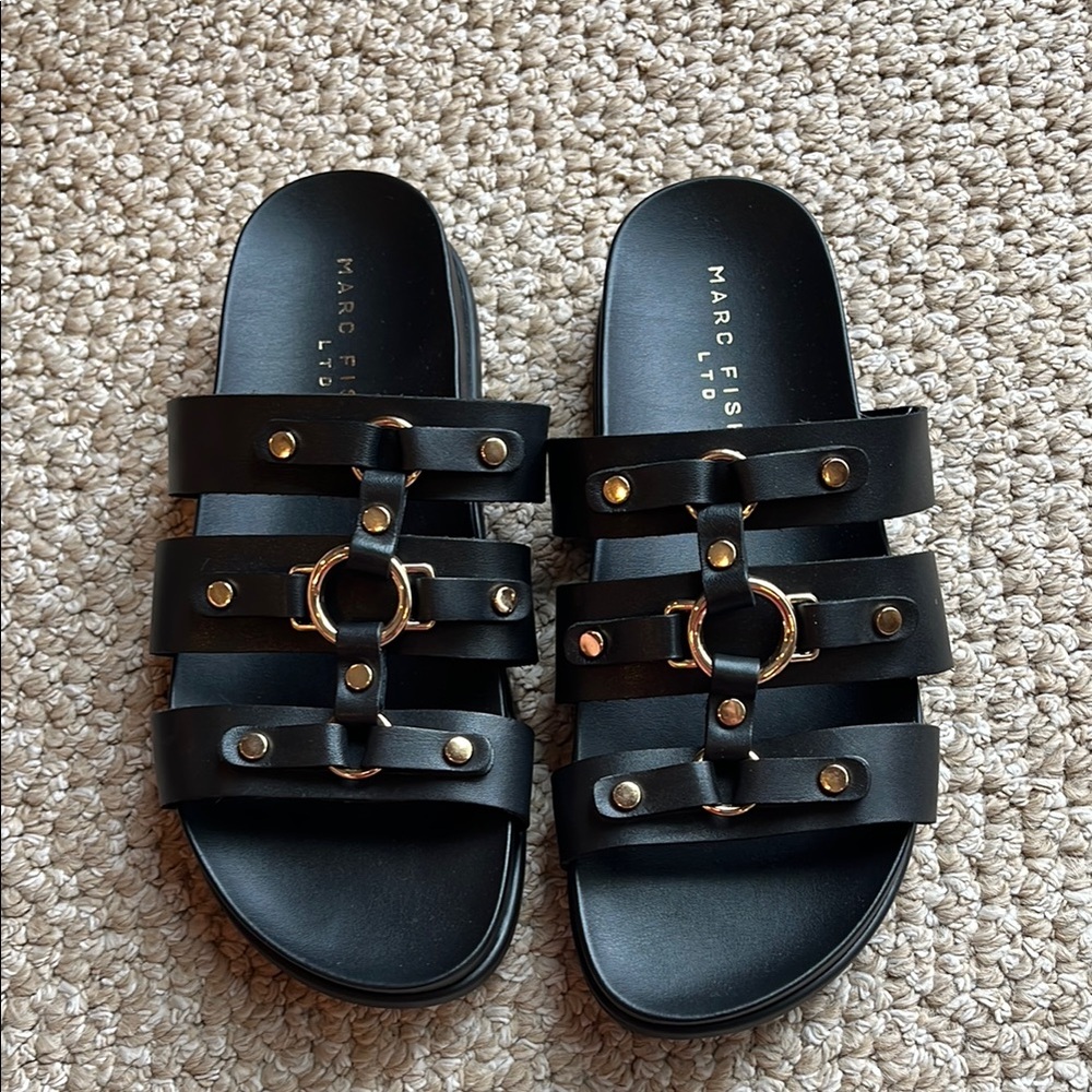 Marc Fisher Black Slides with Gold Buckles